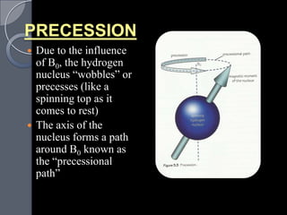 PRECESSION
 Due to the influence
  of B0, the hydrogen
  nucleus “wobbles” or
  precesses (like a
  spinning top as it
  comes to rest)
 The axis of the
  nucleus forms a path
  around B0 known as
  the “precessional
  path”
 