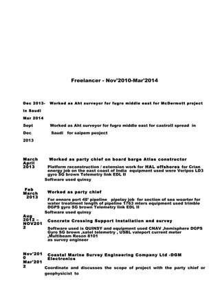 Freelancer - Nov'2010-Mar'2014
Dec 2013- Worked as Aht surveyor for fugro middle east for McDermott project
in Saudi
Mar 2014
Sept Worked as Aht surveyor for fugro middle east for castroII spread in
Dec Saudi for saipem peoject
2013
March
April
2013
Feb
March
2013
Aug
2012 –
NOV201
2
Nov'201
0
Mar'201
2
Worked as party chief on board barge Atlas constructor
Platform reconstruction / extension work for HAL offshores for Crian
energy job on the east coast of India equipment used were Veripos LD3
gyro SG brown Telemetry link EDL II
Software used quinsy
Worked as party chief
For ennore port 48’ pipeline pipelay job for section of sea woarter for
water treatment length of pipeline 1763 mters equipment used trimble
DGPS gyro SG brown Telemetry link EDL II
Software used quinsy
Concrete Crossing Support Installation and survey
Software used is QUINSY and equipment used CNAV ,hemisphere DGPS
Gyro SG brown ,satel telemetry , USBL valeport current meter
,Multibeam Reson 8101
as survey engineer
Coastal Marine Survey Engineering Company Ltd -DGM
Electronics
Coordinate and discusses the scope of project with the party chief or
geophysicist to
 