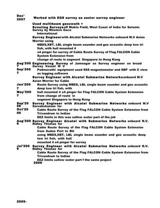 Dec'
2007
Worked with EGS survey as senior survey engineer
Used multibeam geoswath +
Scouting Surveysoff Mukta Field, West Coast of India for Seismic
Survey by Western Geco
International
Survey Engineerwith Alcatel Submarine Networks onboard M.V Asian
Worrier using
MBES,XBT, LBL single beam sounder and geo acoustic deep tow tri
fish, with hull mounted 4
x4 pinger for survey of Cable Route Survey of Flag FALCON Cable
System Extension from
change of route in segment Singapore to Hong Kong
Aug'200
7
Sep'200
7
Jan'200
7
May'200
7
Engineering Survey of Jamnagar as Survey engineer on broad
Survey Vessel M V
Padmavathi equipment used SSS magnetometer and SBP with C view
as logging software
Survey Engineer with Alcatel Submarine Networksonboard M.V
Asian Worrier for Cable
Route Survey using MBES, LBL single beam sounder and geo acoustic
deep tow tri fish, with
hull mounted 4 x4 pinger for Flag FALCON Cable System Extension
from change of route in
segment Singapore to Hong Kong
Sep'20
06
Oct'20
06
Survey Engineer with Alcatel Submarine Networks onboard M.V
Sarvekshanam for
Cable Route Survey of the Flag FALCON Cable System Extension from
Trivandrum to Indian
EEZ limits in this was sallow water part of the job
Aug'200
6
Survey Engineer Alcatel with Submarine Networks onboard R.V.
Ridley Thomas for
Cable Route Survey of the Flag FALCON Cable System Extension
from Sudan Port to BU
using MBES,XBT, LBL single beam sounder and geo acoustic deep
tow tri fish, with hull
mounted 4 x4 pinger for survey
Jul'200
6
Survey Engineer with Alcatel Submarine Networks onboard R.V.
Ridley Thomas for
Cable Route Survey of the Flag FALCON Cable System Extension from
Trivandrum to Indian
EEZ limits sallow water part f the same project
2005-
2006
 