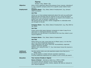 Name
                   Street • City, State • Zip
Objective    Write a short statement about the purpose of your resume, indicating if
             it is for a specific company and/or for a specific career (field of work
             specific).
Employment   Company Name - City, State, Dates of employment (e.g. January
             2005 to present)
             Job Title
             •Write two or three bulleted statements about the work you performed
             beginning with activities that are relevant to your current job search.
             •Express how your performance made you an asset to the company, it’s
             bottom line, your co-workers, customers, etc.
             •Be positive but be accurate; neither exaggerate or understate what
             you brought to the job.

             Company Name - City, State, Dates of employment (e.g. May 2003 to
             Jan 2005)
             Job Title
             •Leave some white space between companies to make it easy for an
             interviewer to distinguish between your jobs.
             •Prioritize your job activities in accordance with how they relate to your
             resume objective.

             Company Name - City, State, Dates of employment
             Job Title
             •Keep listing your jobs, going back ten to fifteen years, or to the first
             one, if you have limited job experience.
             •Start statements with active verbs like “accomplished, organized,
             created” whenever possible
             •Refrain from using the word “I”. Your interviewer knows the resume is
             about you!

Additional   Use this section when your job experience spans more than ten to
Experience       fifteen years.
             Or use this section to detail relevant volunteer experience.
             Prioritize additional experience as it relates to your current job search.

Education    Your course of study or degree
             Name of School - attendance dates (e.g. 1995 to 1999)
             List courses that are relevant to your resume objective
             List extra-curricular activities, honors, awards, etc that are relevant to
             your resume objective.
 