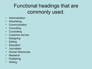 Functional headings that are
             commonly used.
•   Administration
•   Advertising
•   Communication
•   Consulting
•   Counseling
•   Customer service
•   Designing
•   Editing
•   Education
•   Journalism
•   Human Resources
•   Research
•   Publishing
•   Writing
 