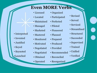 Even MORE Verbs
                • Licensed     • Organized
                                                • Revised
                • Located      • Participated
                                                • Served
                • Maintained   • Perfected
                • Managed      • Piloted        • Serviced

                • Marketed     • Pioneered      • Streamlined
• Interpreted                                   • Structured
                • Mastered     • Planned
• Invented                                      • Succeeded
                • Monitored    • Prepared
• Justified     • Motivated    • Produced       • Supervised
• Keyed         • Negotiated   • Provided       • Trained
• Keynoted      • Negotiated   • Recommended • Unified
•Launched       • Obtained     • Reconciled  • Verified

                • Operated     • Reorganized
 