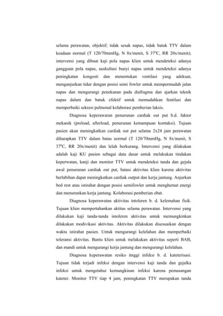 selama perawatan, objektif; tidak sesak napas, tidak batuk TTV dalam
keadaan normal (T 120/70mmHg, N 8x/menit, S 370
C, RR 20x/menit);
intervensi yang dibuat kaji pola napas klien untuk mendeteksi adanya
gangguan pola napas, auskultasi bunyi napas untuk mendeteksi adanya
peningkatan kongesti dan menentukan ventilasi yang adekuat,
menganjurkan tidur dengan posisi semi fowler untuk mempermudah jalan
napas dan mengurangi penekanan pada diafragma dan ajarkan teknik
napas dalam dan batuk efektif untuk memudahkan fentilasi dan
memperbaiki sekresi pulmonal kolaborasi pemberian laksis.
Diagnosa keperawaran penurunan cardiak out put b.d. faktor
mekanik (preload, afterload, penurunan kemampuan kontaksi). Tujuan
pasien akan meningkatkan cardiak out put selama 2x24 jam perawatan
diharapkan TTV dalam batas normal (T 120/70mmHg, N 8x/menit, S
370
C, RR 20x/menit) dan lelah berkurang. Intervensi yang dilakukan
adalah kaji KU pasien sebagai data dasar untuk melakukan tindakan
keperwatan, kanji dan monitor TTV untuk mendeteksi tanda dan gejala
awal penurunan cardiak out put, batasi aktivitas klien karena aktivitas
berlabihan dapat meningkatkan cardiak output dan kerja jantung. Anjurkan
bed rest atau istirahat dengan posisi semifowler untuk menghemat energi
dan menurunkan kerja jantung. Kolaborasi pemberian obat.
Diagnosa keperawatan aktivitas intoleren b. d. kelemahan fisik.
Tujuan klien mempertahankan aktitas selama perawatan. Intervensi yang
dilakukan kaji tanda-tanda intoleren aktivitas untuk memungkinkan
dilakukan modivikasi aktivitas. Aktivitas dilakukan disesuaikan dengan
waktu istirahat pasien. Untuk mengurangi kelelahan dan memperbaiki
toleransi aktivitas. Bantu klien untuk melakukan aktivitas seperti BAB,
dan mandi untuk mengurangi kerja jantung dan mengurangi kelelahan.
Diagnosa keperawatan resiko itnggi infeksi b. d. kateterisasi.
Tujuan tidak terjadi infeksi dengan intervensi kaji tanda dan gejalka
infeksi untuk mengetahui kemungkinan infeksi karena pemasangan
kateter. Monitor TTV tiap 4 jam; peningkatan TTV merupakan tanda
 