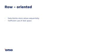 Row - oriented
Data blocks store values sequentially
Inefficient use of disk space
.
.
 