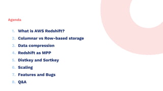 Agenda
1. What is AWS Redshift?
2. Columnar vs Row-based storage
3. Data compression
4. Redshift as MPP
5. Distkey and Sortkey
6. Scaling
7. Features and Bugs
8. Q&A
 
