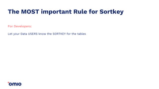 The MOST important Rule for Sortkey
Let your Data USERS know the SORTKEY for the tables
For Developers:
 