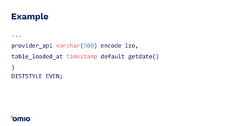 Example
...
provider_api varchar(500) encode lzo,
table_loaded_at timestamp default getdate()
)
DISTSTYLE EVEN;
 
