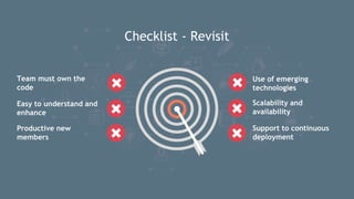 Checklist - Revisit
Use of emerging
technologies
Team must own the
code
Easy to understand and
enhance
Productive new
members
Scalability and
availability
Support to continuous
deployment
 