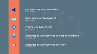 Microservices over Monolithic
Kubernetes for Deployment
Deploying of Microservices in local Environment
Deploying of Microservices over GCP
Overview of Kubernetes
(Anil Chauhan)
(Anil Chauhan)
(Rahul Abrol)
(Sapna Upreti)
(Sapna Upreti)
 