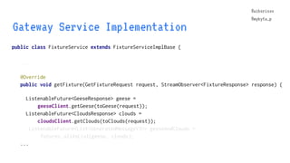 @aiborisov
@mykyta_p
public class FixtureService extends FixtureServiceImplBase {
...
Gateway Service Implementation
@aibo...