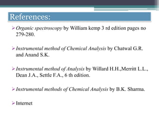 References:
Organic spectroscopy by William kemp 3 rd edition pages no
279-280.
Instrumental method of Chemical Analysis by Chatwal G.R.
and Anand S.K.
Instrumental method of Analysis by Willard H.H.,Merritt L.L.,
Dean J.A., Settle F.A., 6 th edition.
Instrumental methods of Chemical Analysis by B.K. Sharma.
Internet
 