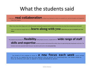 What the students said
The format of this program in terms of a new focus each week really worked
well for me. As someone who was not very familiar with my options for visualizing data, the format helped me
focus my attention each week as opposed to being overwhelmed by options.
UCLA Library
It felt like a real collaboration as they truly listened to what we wanted to try and accomplish and helped to
make that happen.
When I have done other things such as this the people running the program tend to want to fit your idea into what they already know and would
rather you make the changes than try to learn along with you about how you can accomplish your own
vision.
This program was amazing! The flexibilityof the program structure, coupled with the wide range of staff
skills and expertiseworked to produce what seemed like endless ideas for approaching data visualization and more. The
handouts were also especially helpful because I was able to print and re-visit on my own time.
 