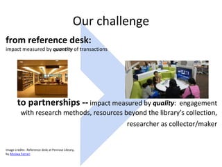 Our challenge
to partnerships -- impact measured by quality: engagement
with research methods, resources beyond the library’s collection,
researcher as collector/maker
Image credits: Reference desk at Penrose Library,
by Ahniwa Ferrari
from reference desk:
impact measured by quantity of transactions
 