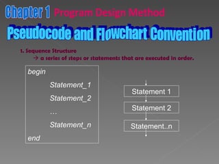 Chapter 1 Program Design Method Pseudocode and Flowchart Convention 1. Sequence Structure    a series of steps or statements that are executed in order. begin Statement_1 Statement_2 … Statement_n end Statement 1 Statement 2 Statement..n 