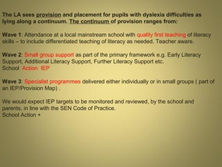 The LA sees provision and placement for pupils with dyslexia difficulties as
lying along a continuum. The continuum of provision ranges from:
Wave 1: Attendance at a local mainstream school with quality first teaching of literacy
skills – to include differentiated teaching of literacy as needed. Teacher aware.
Wave 2: Small group support as part of the primary framework e.g. Early Literacy
Support, Additional Literacy Support, Further Literacy Support etc.
School Action IEP
Wave 3: Specialist programmes delivered either individually or in small groups ( part of
an IEP/Provision Map) .
We would expect IEP targets to be monitored and reviewed, by the school and
parents, in line with the SEN Code of Practice.
School Action +

 