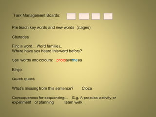 Task Management Boards:
Pre teach key words and new words (stages)
Charades
Find a word... Word families..
Where have you heard this word before?
Split words into colours: photosynthesis
Bingo
Quack quack
What’s missing from this sentence?

Cloze

Consequences for sequencing... E.g. A practical activity or
experiment or planning
team work

 