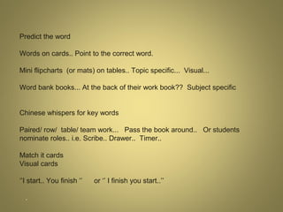 Predict the word
Words on cards.. Point to the correct word.
Mini flipcharts (or mats) on tables.. Topic specific... Visual...
Word bank books... At the back of their work book?? Subject specific
Chinese whispers for key words
Paired/ row/ table/ team work... Pass the book around.. Or students
nominate roles.. i.e. Scribe.. Drawer.. Timer..
Match it cards
Visual cards
‘’I start.. You finish ‘’
.

or ‘’ I finish you start..’’

 