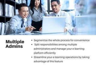 Multiple
Admins
Segmentize the whole process for convenience
Split responsibilities among multiple
administrators and manage your e-learning
platform efficiently
Streamline your e-learning operations by taking
advantage of this feature
 