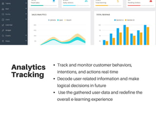 Analytics
Tracking
Track and monitor customer behaviors,
intentions, and actions real-time
Decode user-related information and make
logical decisions in future
Use the gathered user-data and redefine the
overall e-learning experience
 