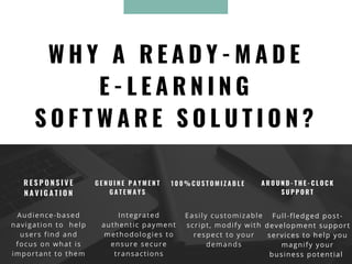 W H Y A R E A D Y - M A D E
E - L E A R N I N G
S O F T W A R E S O L U T I O N ?
R E S P O N S I V E
N A V I G A T I O N
G E N U I N E P A Y M E N T
G A T E W A Y S
1 0 0 % C U S T O M I Z A B L E
Audience-based
navigation to  help
users find and
focus on what is
important to them
Integrated
authentic payment
methodologies to
ensure secure
transactions
Easily customizable
script, modify with
respect to your
demands
A R O U N D - T H E - C L O C K
S U P P O R T
Full-fledged post-
development support
services to help you
magnify your
business potential 
 