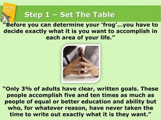 Step 1 – Set The Table<br />“Before you can determine your ‘frog’…you have to decide exactly what it is you want to accomp...
