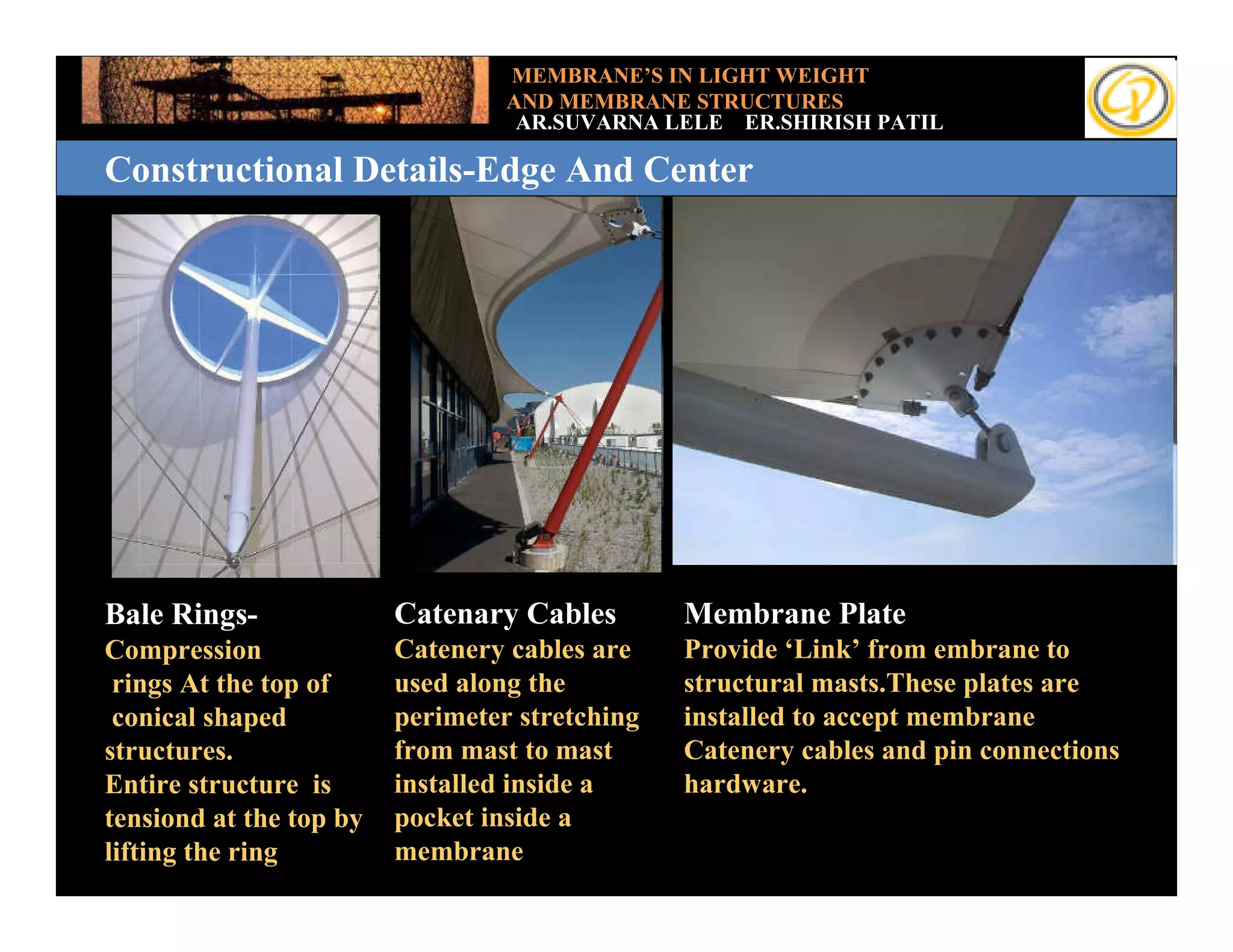 MEMBRANE’S IN LIGHT WEIGHT
                                  AND MEMBRANE STRUCTURES
                                   AR.SUVARNA LELE ER.SHIRISH PATIL

Constructional Details-Edge And Center




Bale Rings-              Catenary Cables        Membrane Plate
Compression              Catenery cables are    Provide ‘Link’ from embrane to
 rings At the top of     used along the         structural masts.These plates are
 conical shaped          perimeter stretching   installed to accept membrane
structures.              from mast to mast      Catenery cables and pin connections
Entire structure is      installed inside a     hardware.
tensiond at the top by   pocket inside a
lifting the ring         membrane
 
