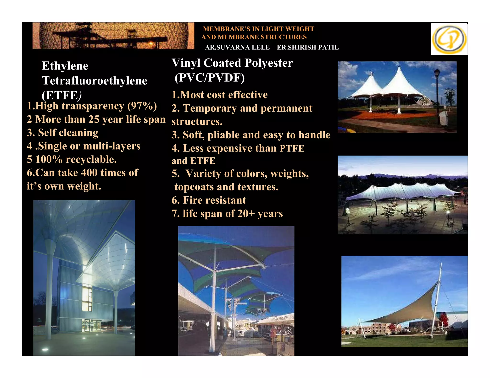 MEMBRANE’S IN LIGHT WEIGHT
                                     AND MEMBRANE STRUCTURES
                                      AR.SUVARNA LELE   ER.SHIRISH PATIL

   Ethylene                   Vinyl Coated Polyester
   Tetrafluoroethylene        (PVC/PVDF)
  Add your text
   (ETFE)                     1.Most cost effective
1.High transparency (97%) 2. Temporary and permanent
2 More than 25 year life span structures.
3. Self cleaning              3. Soft, pliable and easy to handle
4 .Single or multi-layers     4. Less expensive than PTFE
5 100% recyclable.            and ETFE
6.Can take 400 times of       5. Variety of colors, weights,
it’s own weight.               topcoats and textures.
                              6. Fire resistant
                              7. life span of 20+ years
 