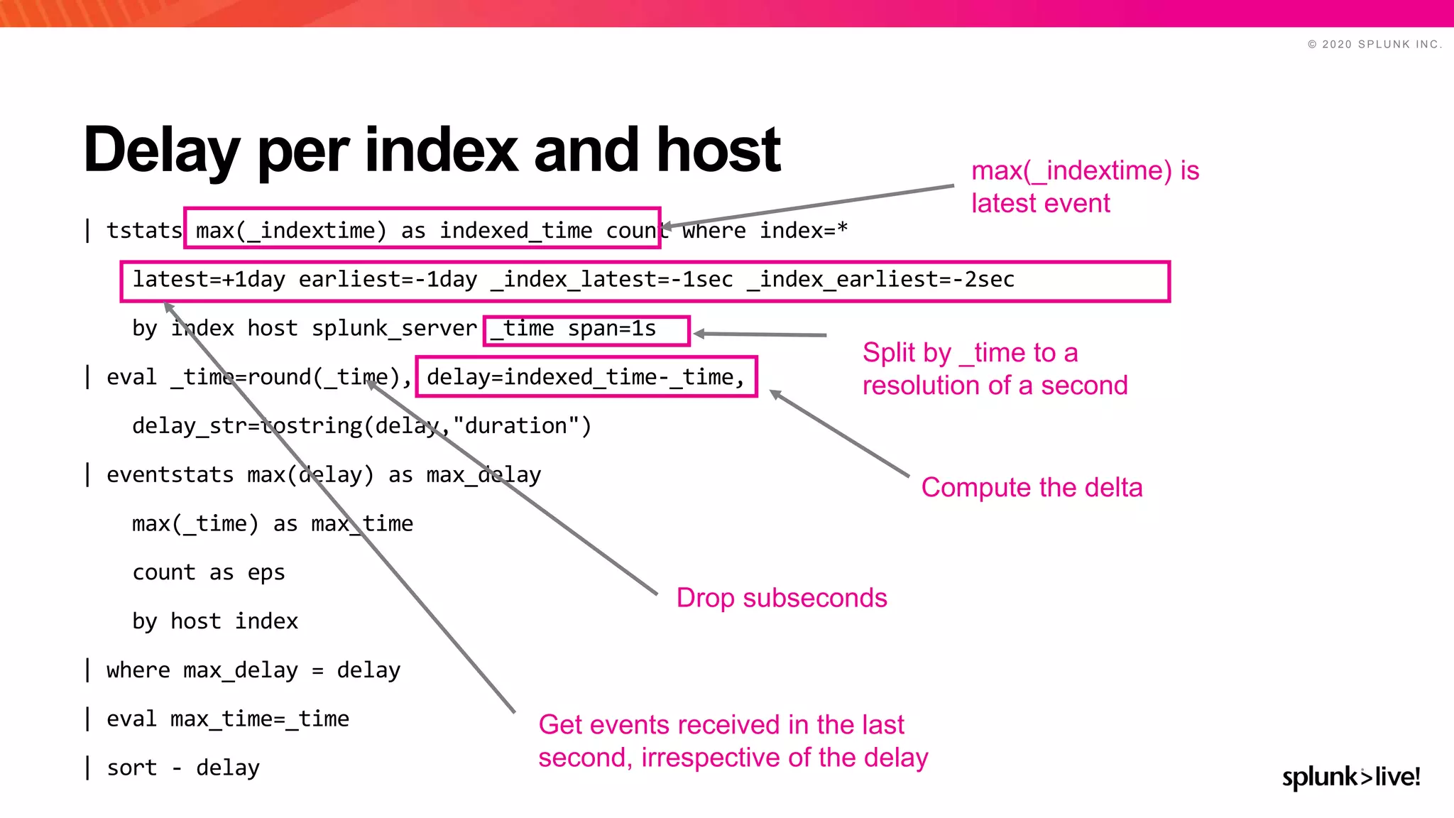 © 2 0 2 0 S P L U N K I N C .
Delay per index and host
| tstats max(_indextime) as indexed_time count where index=*
latest=+1day earliest=-1day _index_latest=-1sec _index_earliest=-2sec
by index host splunk_server _time span=1s
| eval _time=round(_time), delay=indexed_time-_time,
delay_str=tostring(delay,"duration")
| eventstats max(delay) as max_delay
max(_time) as max_time
count as eps
by host index
| where max_delay = delay
| eval max_time=_time
| sort - delay
Get events received in the last
second, irrespective of the delay
max(_indextime) is
latest event
Split by _time to a
resolution of a second
Drop subseconds
Compute the delta
 