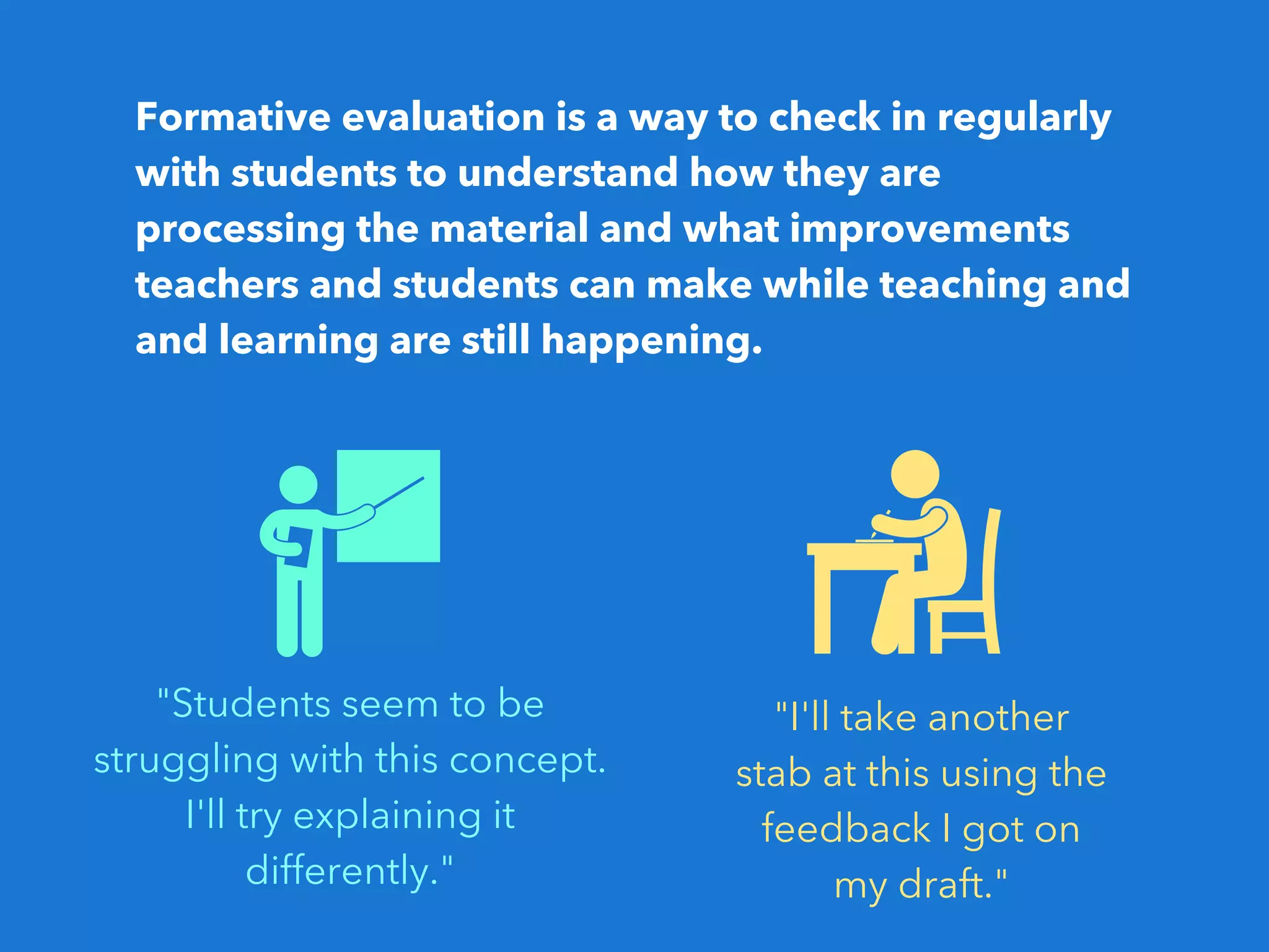 Formative evaluation is a way to check in regularly
with students to understand how they are
processing the material and what improvements
teachers and students can make while teaching and
and learning are still happening.
"Students seem to be
struggling with this concept.
I'll try explaining it
differently."
"I'll take another
stab at this using the
feedback I got on
my draft."
 