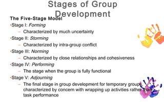 Stages of Group
                 Development
The Five-Stage Model
•Stage I: Forming
    – Characterized by much uncertainty
•Stage II: Storming
    – Characterized by intra-group conflict
•Stage III: Norming
    – Characterized by close relationships and cohesiveness
•Stage IV: Performing
    – The stage when the group is fully functional
•Stage V: Adjourning
    – The final stage in group development for temporary groups,
      characterized by concern with wrapping up activities rather than
      task performance
 