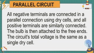PARALLEL CIRCUIT
All negative terminals are connected in a
parallel connection using dry cells, and all
positive terminals are similarly connected.
The bulb is then attached to the free ends.
The circuit's total voltage is the same as a
single dry cell.
 