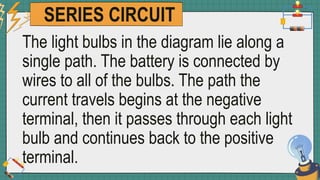 SERIES CIRCUIT
The light bulbs in the diagram lie along a
single path. The battery is connected by
wires to all of the bulbs. The path the
current travels begins at the negative
terminal, then it passes through each light
bulb and continues back to the positive
terminal.
 