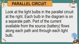 PARALLEL CIRCUIT
Look at the light bulbs in the parallel circuit
at the right. Each bulb in the diagram is on
a separate path. Part of the current
available from the source (battery) flows
along each path and through each light
bulb.
 