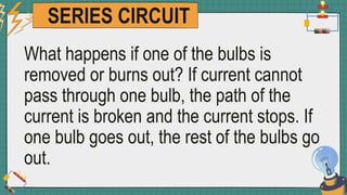 SERIES CIRCUIT
What happens if one of the bulbs is
removed or burns out? If current cannot
pass through one bulb, the path of the
current is broken and the current stops. If
one bulb goes out, the rest of the bulbs go
out.
 