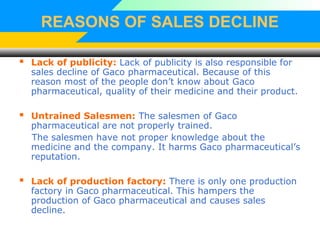 REASONS OF SALES DECLINE
 Lack of publicity: Lack of publicity is also responsible for
sales decline of Gaco pharmaceutical. Because of this
reason most of the people don’t know about Gaco
pharmaceutical, quality of their medicine and their product.
 Untrained Salesmen: The salesmen of Gaco
pharmaceutical are not properly trained.
The salesmen have not proper knowledge about the
medicine and the company. It harms Gaco pharmaceutical’s
reputation.
 Lack of production factory: There is only one production
factory in Gaco pharmaceutical. This hampers the
production of Gaco pharmaceutical and causes sales
decline.
 