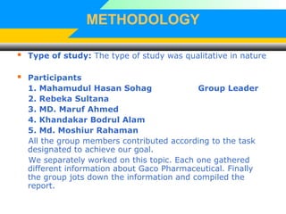 METHODOLOGY
 Type of study: The type of study was qualitative in nature
 Participants
1. Mahamudul Hasan Sohag Group Leader
2. Rebeka Sultana
3. MD. Maruf Ahmed
4. Khandakar Bodrul Alam
5. Md. Moshiur Rahaman
All the group members contributed according to the task
designated to achieve our goal.
We separately worked on this topic. Each one gathered
different information about Gaco Pharmaceutical. Finally
the group jots down the information and compiled the
report.
 