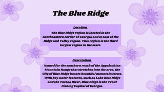The Blue Ridge region is located in the
northeastern corner of Georgia and is east of the
Ridge and Valley region. This region is the third
largest region in the state.
Named for the southern reach of the Appalachian
Mountain Range that stretches into the area, the
City of Blue Ridge boasts beautiful mountain views.
With key water features, such as Lake Blue Ridge
and the Toccoa River, Blue Ridge is the Trout
Fishing Capital of Georgia.
The Blue Ridge
Location
Description
 