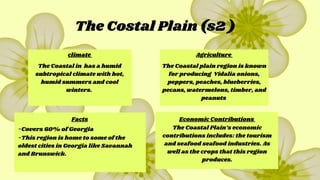 The Costal Plain (s2 )
Facts
climate Agriculture
Economic Contributions
The Coastal in has a humid
subtropical climate with hot,
humid summers and cool
winters.
The Coastal plain region is known
for producing Vidalia onions,
peppers, peaches, blueberries,
pecans, watermelons, timber, and
peanuts
-Covers 60% of Georgia
-This region is home to some of the
oldest cities in Georgia like Savannah
and Brunswick.
The Coastal Plain’s economic
contributions includes: the tourism
and seafood seafood industries. As
well as the crops that this region
produces.
 