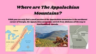 Where are The Appalachian
Mountains?
While you can only find a small portion of the Appalachian mountains is the northwest
corner of Georgia, the Appalachian mountains stretch from Alabama all the way to
Newfoundland, Canada.
 