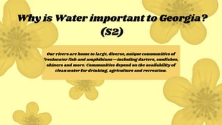 Our rivers are home to large, diverse, unique communities of
freshwater fish and amphibians—including darters, sunfishes,
shiners and more. Communities depend on the availability of
clean water for drinking, agriculture and recreation.
Why is Water important to Georgia?
(S2)
 