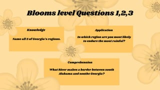 Name all 5 of Georgia’s regions.
In which region are you most likely
to endure the most rainfal?
What River makes a border between south
Alabama and southe Georgia?
Blooms level Questions 1,2,3
Knowledge Application
Comprehension
 