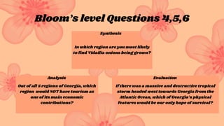 In which region are you most likely
to find Vidailia onions being grown?
Out of all 5 regions of Georgia, which
region would NOT have tourism as
one of its main economic
contributions?
If there was a massive and destructive tropical
storm headed west towards Georgia from the
Atlantic Ocean, which of Georgia’s physical
features would be our only hope of survival?
Bloom’s level Questions 4,5,6
Synthesis
Evaluation
Analysis
 