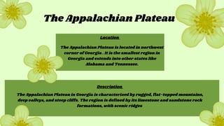 The Appalachian Plateau
The Appalachian Plateau is located in northwest
corner of Georgia . It is the smallest region in
Georgia and extends into other states like
Alabama and Tennessee.
The Appalachian Plateau in Georgia is characterized by rugged, flat-topped mountains,
deep valleys, and steep cliffs. The region is defined by its limestone and sandstone rock
formations, with scenic ridges
Location
Description
 