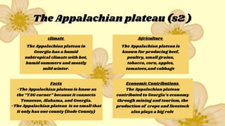 The Appalachian plateau (s2 )
Facts
climate Agriculture
Economic Contributions
The Appalachian plateau in
Georgia has a humid
subtropical climate with hot,
humid summers and mostly
mild winter.
The Appalachian plateau is
known for producing beef,
poultry, small grains,
tobacco, corn, apples,
tomatoes,and cabbage
-The Appalachian plateau is know as
the “TAG corner” because it connects
Tennesse, Alabama, and Georgia.
-The Appalachian plateau is so small that
it only has one county (Dade County)
The Appalachian plateau
contributed to Georgia’s economy
through mining and tourism, the
production of crops and livestock
also plays a big role
 