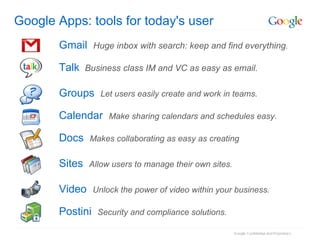 Google Apps: tools for today's user Gmail   Huge inbox with search: keep and find everything. Talk   Business class IM and VC as easy as email. Groups   Let users easily create and work in teams. Calendar   Make sharing calendars and schedules easy. Docs   Makes collaborating as easy as creating Sites   Allow users to manage their own sites. Video   Unlock the power of video within your business. Postini   Security and compliance solutions. 
