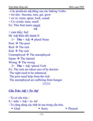 Ngữ pháp tiếng anh Biên soạn:TĐT
- Các predicate adj đứng sau các linking Verbs:
+ trở nên : become, turn, get, grow
+ có vẻ: seem, apear, look, sound
+ Có vị/mùi: taste, smell
Ex: This fruit tastes sweet
adj
+ cảm thấy: feel
III/ Adj Biến đổi thành N
1> The + Adj  plural Noun
Poor  The poor
Rich  The rich
Sick  The sick
Umemployed  The unemployed
Injure  The injured
Wrong  The wrong
2> The + Adj +plural Verb
Ex: The sick are taken care of by doctors
The right need to be enhanced.
The poor need help from the rich.
The unemployed are suffering from hunger.

Cấu Trúc Adj + To- Inf
- Ta có cấu trúc :
S + tobe + Adj + to- inf
- Ta cũng dùng các tính từ sau trong cấu trúc.
 Glad  Sorry  Pleased
- 13 -
 