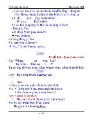 Ngữ pháp tiếng anh Biên soạn:TĐT
1. Các câu hỏi Yes/ no questions bắt đầu bằng 1 động từ
(Do/ Does..) hoặc 1 động từ đặc biệt (Are/ is/ Am…)
Vd. Do you play badminton?
Đ.từ trợ Đ.từ chính
2. Câu hỏi dạng này có thể trả lời bằng 2 cách:
- Đồng ý: Yes
Vd: Does Minh play soccer?
 yes, he does.
- Không đồng ý : No
Vd: Are you a farmer?
 No, I’m not. I’m a student.

Từ để hỏi – Question words
Ex: Where do you live?
Từ để hỏi Đtừ trợ S V
Ta gọi các từ what time, what, where, who, when là từ để hỏi.

Any – By : Giới từ chỉ phương tiện
I. Any
- Dùng trong câu nghi vấn hoặc phủ định
Vd: + There aren’t any trees near the house
+ Are there any trees near house ?
Any + danh từ số nhiều
II. By/ cụm từ chỉ phương tiện vận chuyển
Vd: by car/ train/ bus/ bike/ plane
He goes to school by bike.
- 15 -
 