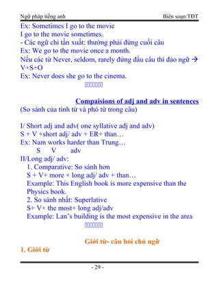 Ngữ pháp tiếng anh Biên soạn:TĐT
Ex: Sometimes I go to the movie
I go to the movie sometimes.
- Các ngữ chỉ tần xuất: thường phải đứng cuối câu
Ex: We go to the movie once a month.
Nếu các từ Never, seldom, rarely đứng đầu câu thì đảo ngữ 
V+S+O
Ex: Never does she go to the cinema.
ccccccc
Compaisions of adj and adv in sentences
(So sánh của tính từ và phó từ trong câu)
I/ Short adj and adv( one syllative adj and adv)
S + V +short adj/ adv + ER+ than…
Ex: Nam works harder than Trung…
S V adv
II/Long adj/ adv:
1. Comparative: So sánh hơn
S + V+ more + long adj/ adv + than…
Example: This English book is more expensive than the
Physics book.
2. So sánh nhất: Superlative
S+ V+ the most+ long adj/adv
Example: Lan’s building is the most expensive in the area
ccccccc
Giới từ- câu hỏi chủ ngữ
1. Giới từ
- 29 -
 