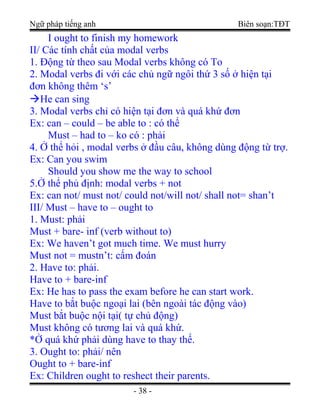 Ngữ pháp tiếng anh Biên soạn:TĐT
I ought to finish my homework
II/ Các tính chất của modal verbs
1. Động từ theo sau Modal verbs không có To
2. Modal verbs đi với các chủ ngữ ngôi thứ 3 số ở hiện tại
đơn không thêm ‘s’
He can sing
3. Modal verbs chỉ có hiện tại đơn và quá khứ đơn
Ex: can – could – be able to : có thể
Must – had to – ko có : phải
4. Ở thể hỏi , modal verbs ở đầu câu, không dùng động từ trợ.
Ex: Can you swim
Should you show me the way to school
5.Ở thể phủ định: modal verbs + not
Ex: can not/ must not/ could not/will not/ shall not= shan’t
III/ Must – have to – ought to
1. Must: phải
Must + bare- inf (verb without to)
Ex: We haven’t got much time. We must hurry
Must not = mustn’t: cấm đoán
2. Have to: phải.
Have to + bare-inf
Ex: He has to pass the exam before he can start work.
Have to bắt buộc ngoại lai (bên ngoài tác động vào)
Must bắt buộc nội tại( tự chủ động)
Must không có tương lai và quá khứ.
*Ở quá khứ phải dùng have to thay thế.
3. Ought to: phải/ nên
Ought to + bare-inf
Ex: Children ought to reshect their parents.
- 38 -
 