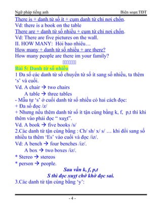 Ngữ pháp tiếng anh Biên soạn:TĐT
There is + danh từ số ít + cụm danh từ chỉ nơi chốn.
Vd: there is a book on the table
There are + danh từ số nhiều + cụm từ chỉ nơi chốn.
Vd: There are five pictures on the wall.
II. HOW MANY: Hỏi bao nhiêu…
How many + danh từ số nhiều + are there?
How many people are there im your family?

Bài 5: Danh từ số nhiều
1 Đa số các danh từ số chuyển từ số ít sang số nhiều, ta thêm
‘s’ và cuối.
Vd. A chair  two chairs
A table  three tables
- Mẫu tự ‘s’ ở cuối danh từ số nhiều có hai cách đọc:
+ Đa số đọc /z/
+ Nhưng nếu thêm danh từ số ít tận cùng bằng k, f, p,t thì khi
thêm vào phải đọc “ xuỵt”.
Vd. A book  five books /s/
2.Các danh từ tận cùng bằng : Ch/ sh/ x/ s/ … khi đổi sang số
nhiều ta thêm ‘Es’ vào cuối và đọc /iz/.
Vd: A bench  four benches /iz/.
A box  two boxes /iz/.
* Stereo  stereos
* person  people.
Sau vần k, f, p,t
S thì đọc xuỵt chớ khờ đọc sai.
3.Các danh từ tận cùng bằng ‘y’:
- 4 -
 